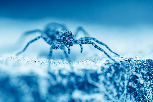 Wolf Spider Standing Along Rock Edge (Blue Shade)