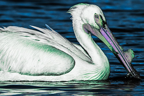 Beak Dipping Pelican Eying Across Lake Water (Blue Tint)