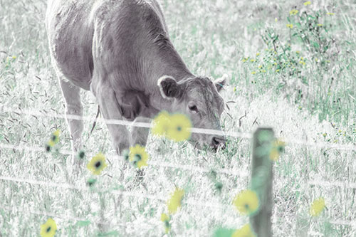 Cow Snacking On Grass Behind Fence (Blue Tint Photo)