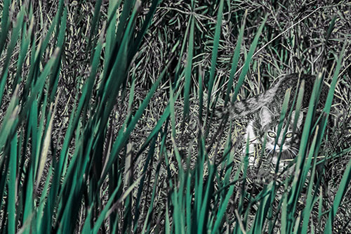 Crouching Cat Hunting Among Tall Reed Grass (Blue Tint)