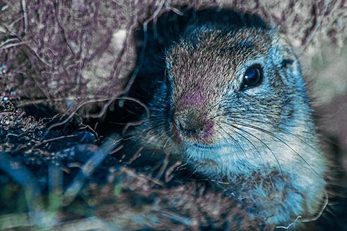 Curious Prairie Dog Watches From Dirt Tunnel Entrance (Blue Tint Photo)