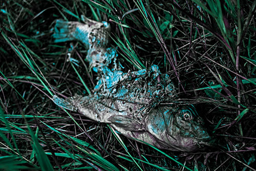 Decaying Salmon Fish Rotting Among Grass (Blue Tint Photo)
