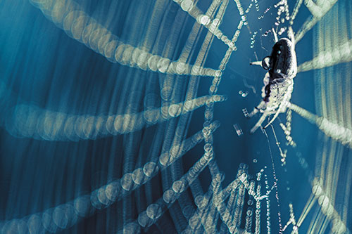 Dewy Orb Weaver Spider Hangs Among Web (Blue Tint Photo)