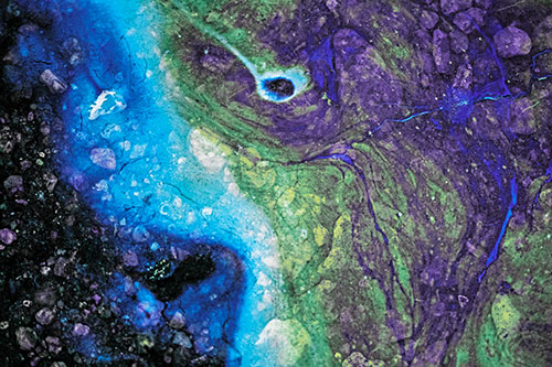 Distressed Oil Face Swirling Among Rocky Shore (Blue Tint)