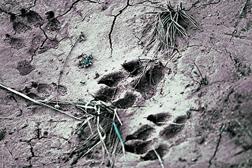 Dog Footprints On Dry Cracked Mud (Blue Tint Photo)
