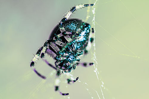 Furrow Orb Weaver Spider Descends Down Web (Blue Tint Photo)