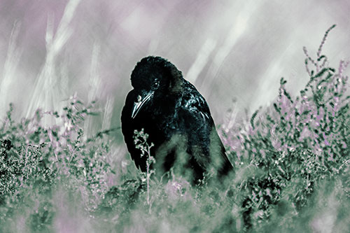 Hunched Over Raven Among Dying Plants (Blue Tint Photo)