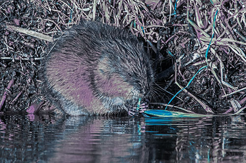 Hungry Muskrat Chews Water Reed Grass Along River Shore (Blue Tint Photo)