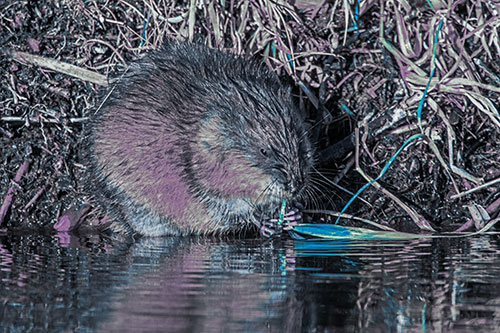 Hungry Muskrat Chews Water Reed Grass Along River Shore (Blue Tint)