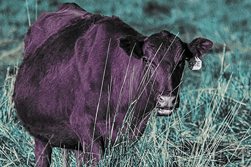 Hungry Open Mouthed Cow Enjoying Hay (Blue Tint)