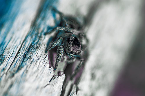 Jumping Spider Perched Among Wood Crevice (Blue Tint Photo)