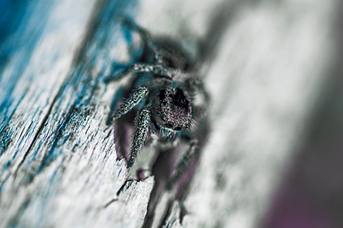 Jumping Spider Perched Among Wood Crevice (Blue Tint)