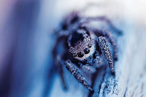 Jumping Spider Resting Atop Wood Stick (Blue Tint Photo)