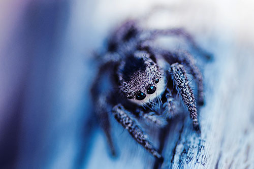 Jumping Spider Resting Atop Wood Stick (Blue Tint)