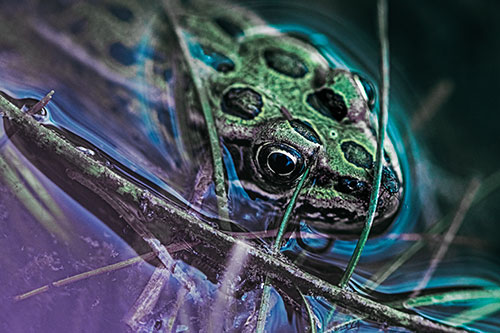 Leopard Frog Keeping Eye Out Above Water (Blue Tint Photo)