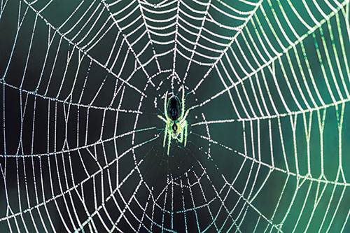 Orb Weaver Spider Rests Among Web Center (Blue Tint Photo)
