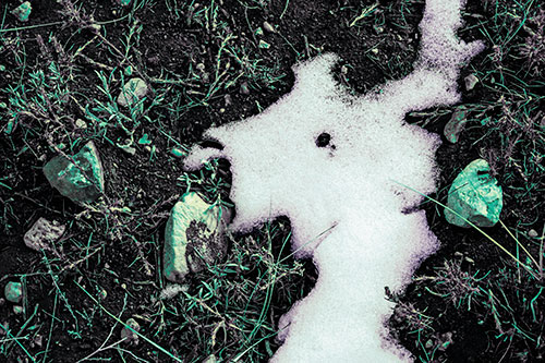 Peering Humanoid Snow Face Creature Among Rocks (Blue Tint)