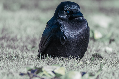 Puffy Crow Standing Guard Among Leaf Covered Grass (Blue Tint Photo)