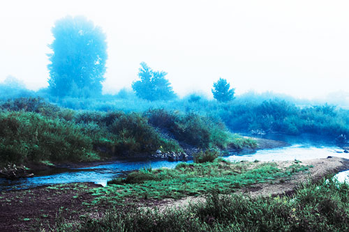 River Flowing Along Foggy Vegetation (Blue Tint Photo)