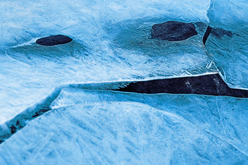 Rock Face Emerges Among Cracked Frozen Ice (Blue Tint)
