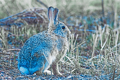 Sitting Bunny Rabbit Among Broken Plant Stems (Blue Tint Photo)