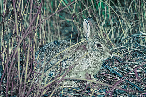 Sitting Bunny Rabbit Enjoying Sunshine Among Sticks (Blue Tint)