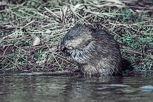 Soaked Muskrat Nibbles Grass Along River Shore (Blue Tint Photo)