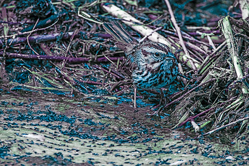 Song Sparrow Peeking Around Sticks (Blue Tint Photo)