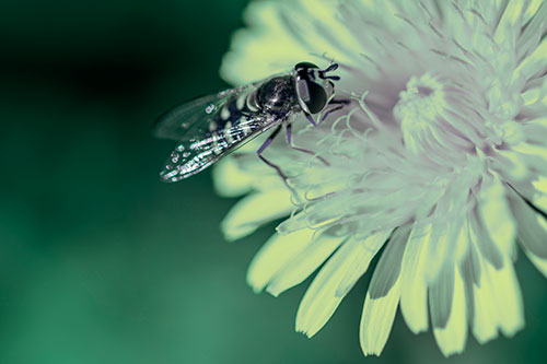 Striped Hoverfly Pollinating Flower (Blue Tint Photo)