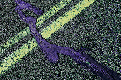 Tar Creeping Over Sidewalk Pavement Lane Marks (Blue Tint Photo)