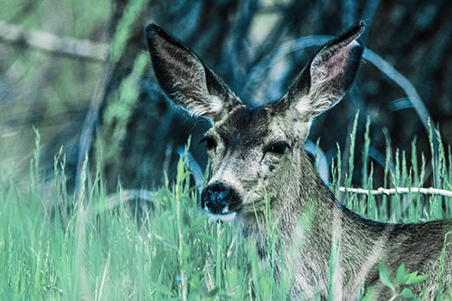 White Tailed Deer Sitting Among Tall Grass (Blue Tint Photo)