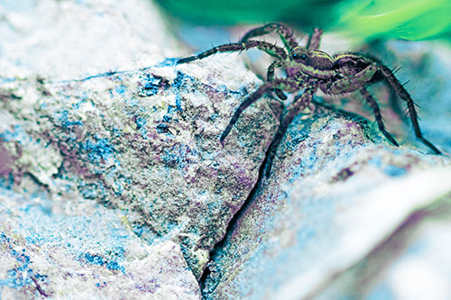 Wolf Spider Crawling Over Cracked Rock Crevice (Blue Tint)