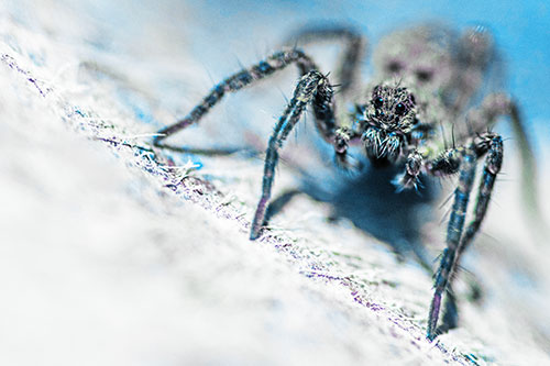 Wolf Spider Watching Among Sloping Rock (Blue Tint)