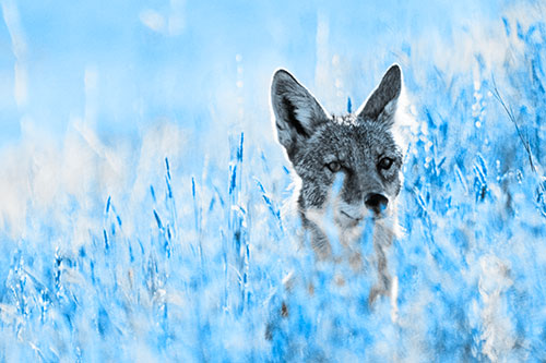 Coyote Peeking Head Above Feather Reed Grass (Blue Tone Photo)