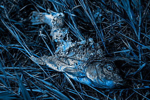 Decaying Salmon Fish Rotting Among Grass (Blue Tone Photo)
