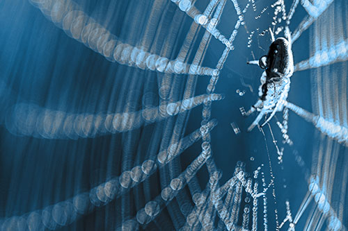 Dewy Orb Weaver Spider Hangs Among Web (Blue Tone Photo)