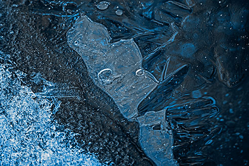 Frozen Bubble Eyed Ice Face Figure Along River Shoreline (Blue Tone)