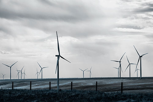 Gloomy Clouds Overcast Wind Turbine Pasture (Blue Tone)
