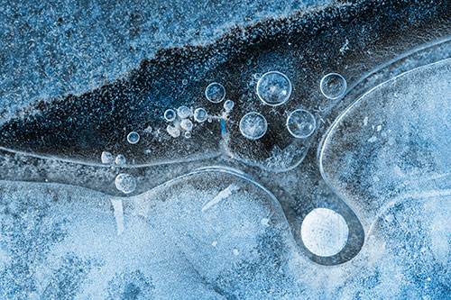 Ice Bubbles Among Frozen Soil Crevice (Blue Tone Photo)