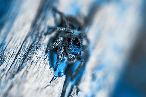 Jumping Spider Perched Among Wood Crevice (Blue Tone Photo)