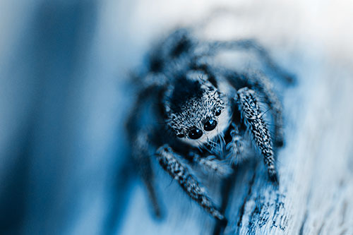 Jumping Spider Resting Atop Wood Stick (Blue Tone)