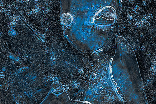 Mouthless Alien Ice Figure Forms Among Frozen River Water (Blue Tone)