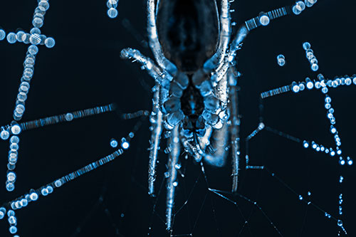 Orb Weaver Spider Dangling Downwards Among Web (Blue Tone Photo)