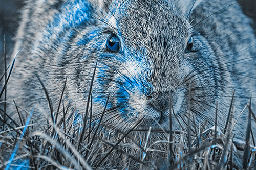 Resting Bunny Rabbit Watches Closely Among Grass Blades (Blue Tone)