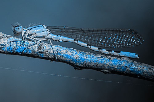 Resting Damselfly Spread Across Branch (Blue Tone)