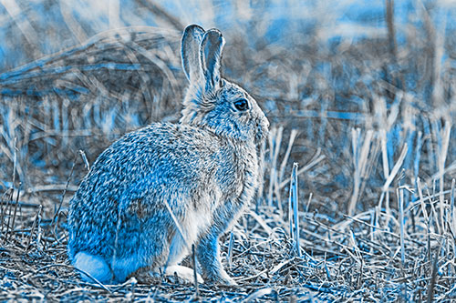 Sitting Bunny Rabbit Among Broken Plant Stems (Blue Tone Photo)