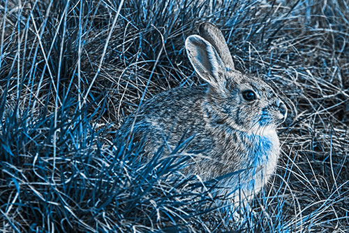 Sitting Bunny Rabbit Enjoying Sunrise Among Grass (Blue Tone Photo)