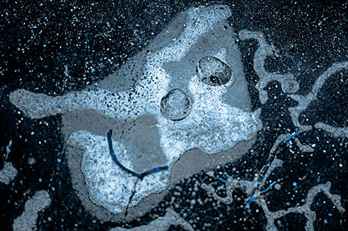 Smiley Bubble Eyed Block Face Below Frozen River Ice Water (Blue Tone Photo)