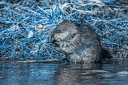 Soaked Muskrat Nibbles Grass Along River Shore (Blue Tone Photo)