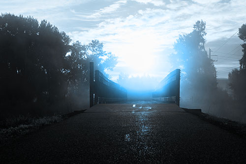Sun Rises Beyond Foggy Wooden Walkway Bridge (Blue Tone Photo)